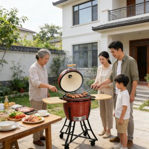 18 寸藤编纹 Kamado Grill 户外陶瓷烧烤炉 商用家用木炭烟熏 BBQ 烤炉