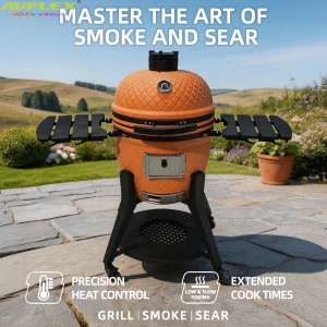 22 Inch Classic Kamado Ceramic Grill 庭院木炭烧烤炉 商用多功能烟熏焖烤披萨炉带木侧桌万向轮